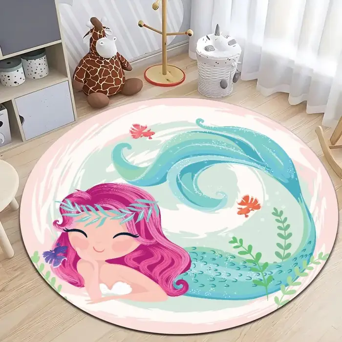 Tapis rond imprimé sirène de dessin animé, pour chambre d'enfants, salon, tapis de sol antidérapant, pour canapé, Table, décoration de maison, chambre de filles