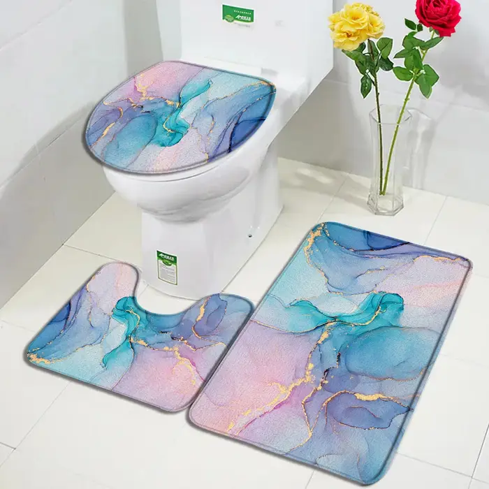 Ensemble de tapis de bain en marbre abstrait, ligne dorée, bleu, gris, noir, pour la maison, salle d