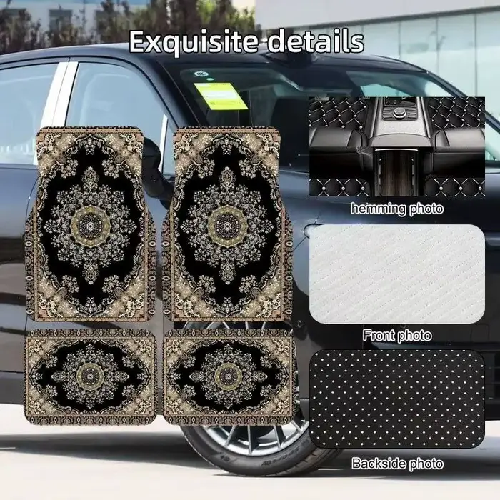 Tapis de sol de voiture style persan noir beige, 4 pièces, motif rétro, tapis antidérapants pour auto
