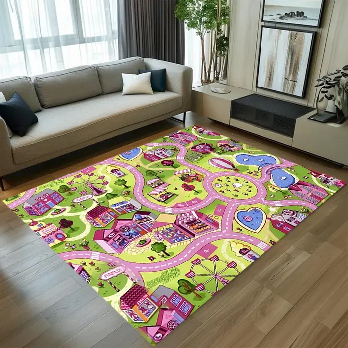 Tapis de jeu pour enfants Rose Thème Parc d'attractions, Tapis de jeu interactif avec piste routière