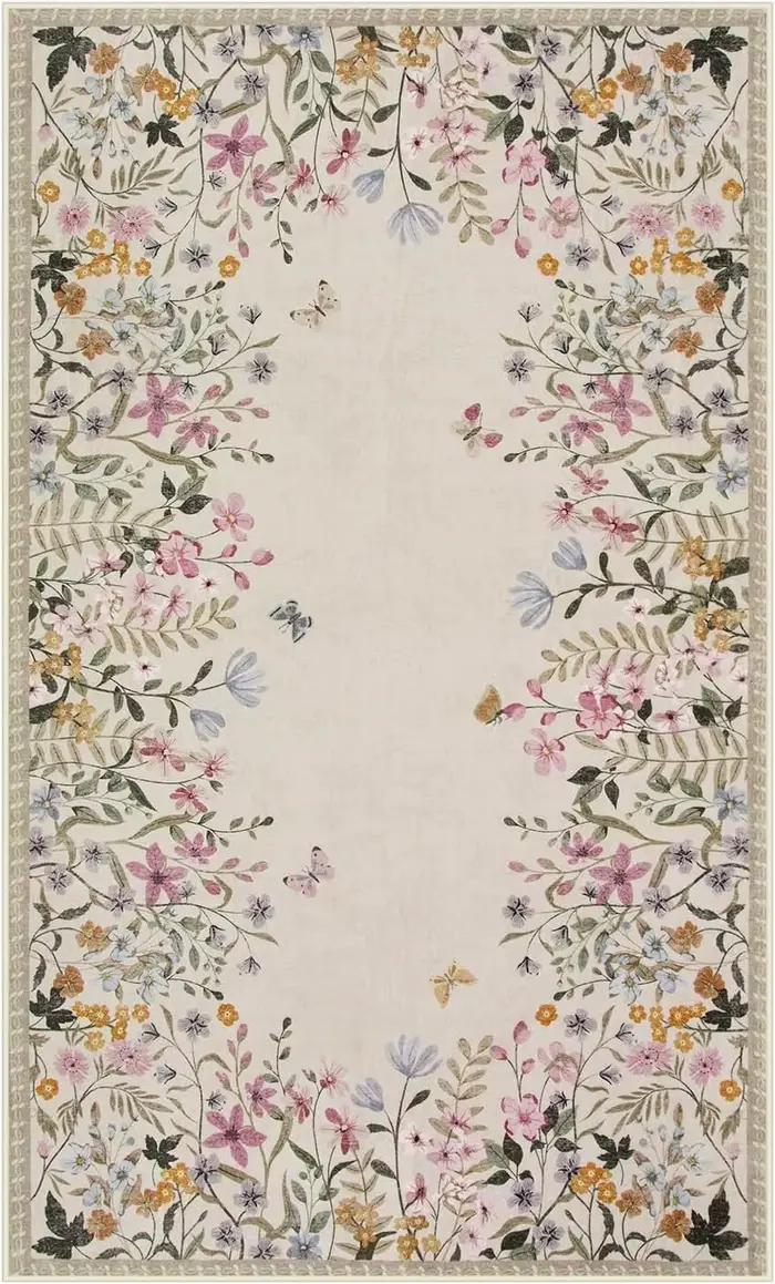 Tapis floral beige, tapis lavable antidérapant pour salon, chambre à coucher, décoration d'intérieur