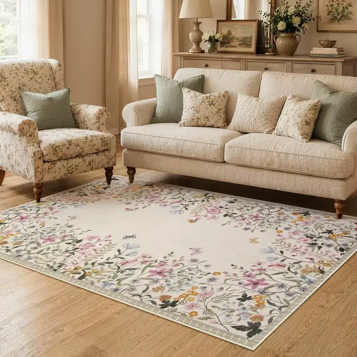 Tapis floral beige, tapis lavable antidérapant pour salon, chambre à coucher, décoration d'intérieur botanique polyvalente