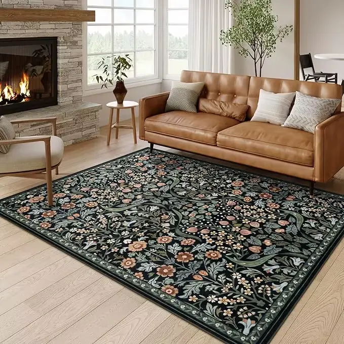Tapis Floral tapis Beige vert motif de vigne avec motif de fleur colorée tapis de sol doux pour salo