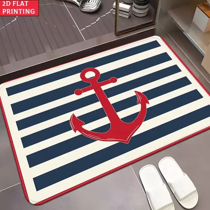 Paillasson bleu marine avec ancre dorée et bordure en corde nautique