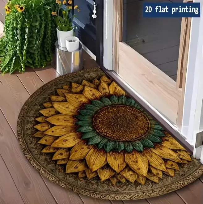 Tapis de bienvenue semi-circulaire 2D plat rétro Mandala Tournesol, tapis de porte incurvé floral Ma