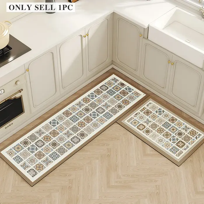 Tapis de sol de cuisine en PVC, imperméable, résistant à l'huile, antidérapant, en cuir, beige, à mo