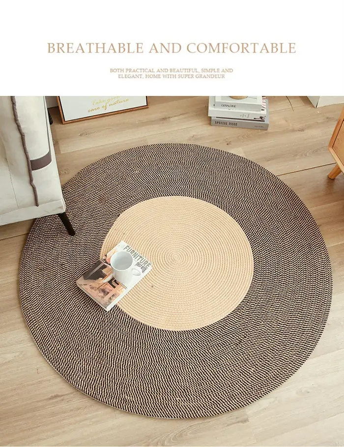 Tapis rond en rotin de jute tissé à la main avec pompon