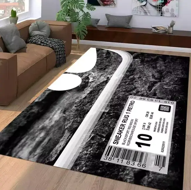 Tapis de sol culture sneaker, tapis de décoration intérieure avec typographie streetwear urbaine, tons noir et rouge, pour salon et chambre à coucher