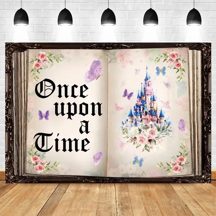 Livre de conte de fées anniversaire mariage toile de fond personnalisée il était une fois château ancien papillon fleur