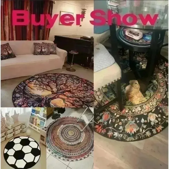 Tapis rond à pois roses avec motif de chat de dessin animé