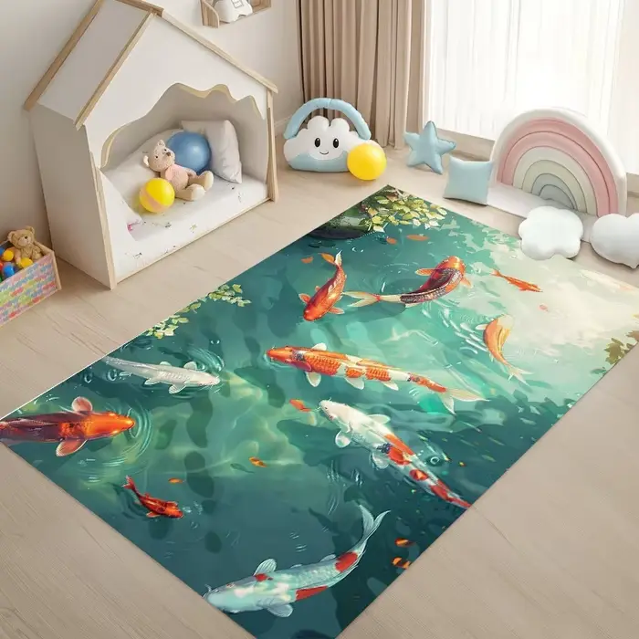 Tapis d'appoint oriental en aquarelle avec motif de carpes koï, antidérapant, doux, porte-bonheur Fe