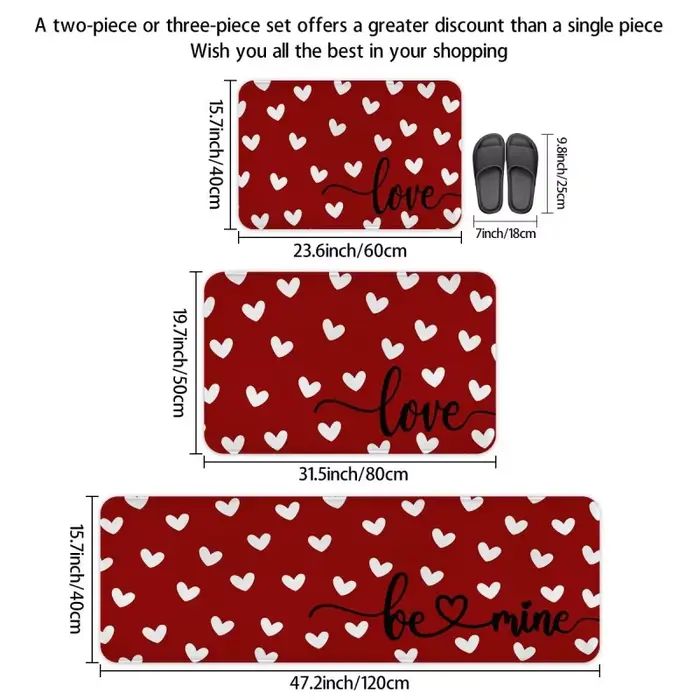Ensemble de tapis de cuisine pour la Saint-Valentin, tapis de couloir de cuisine, avec petits cœurs et motif d'amour.