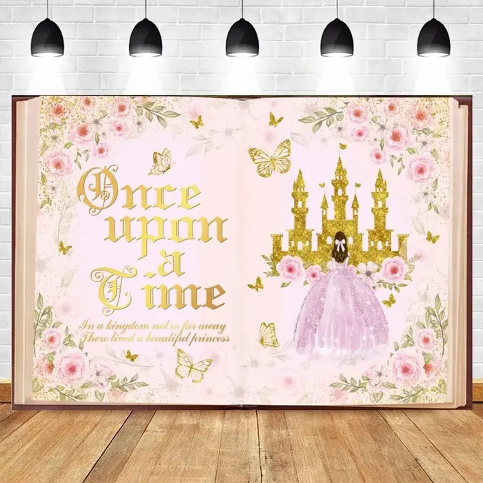 Livre de conte de fées anniversaire mariage toile de fond personnalisée il était une fois château ancien papillon fleur