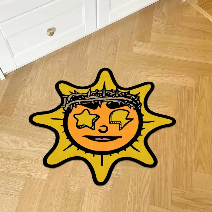 Tapis de chambre antidérapant, doux et confortable, jaune, motif soleil amusant, irrégulier, pour ca