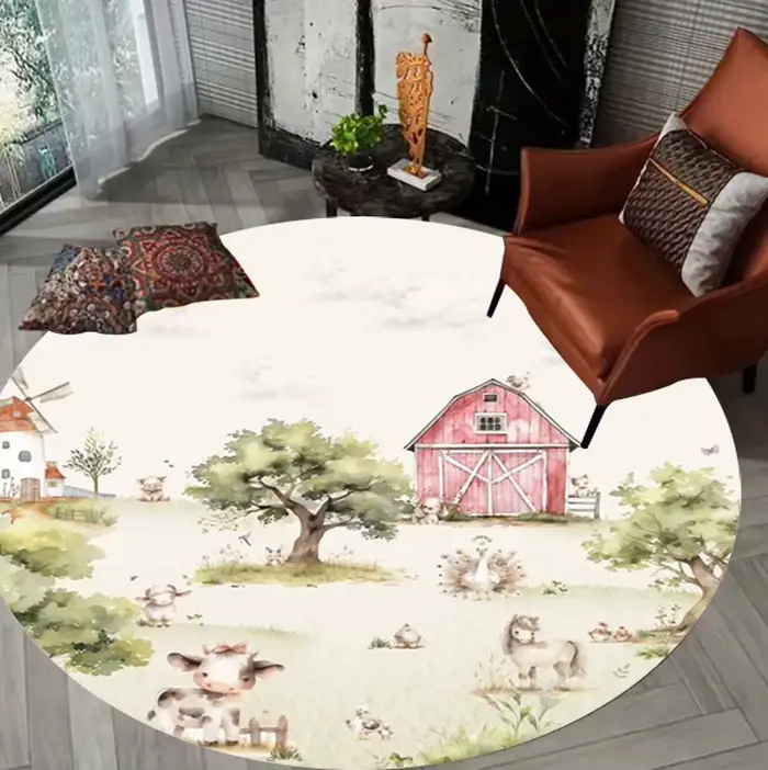 Tapis rond à motif d'animaux de la ferme de dessin animé, tapis d'accueil, tapis de salon, tapis de