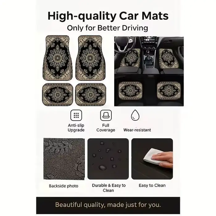 Tapis de sol de voiture style persan noir beige, 4 pièces, motif rétro, tapis antidérapants pour auto