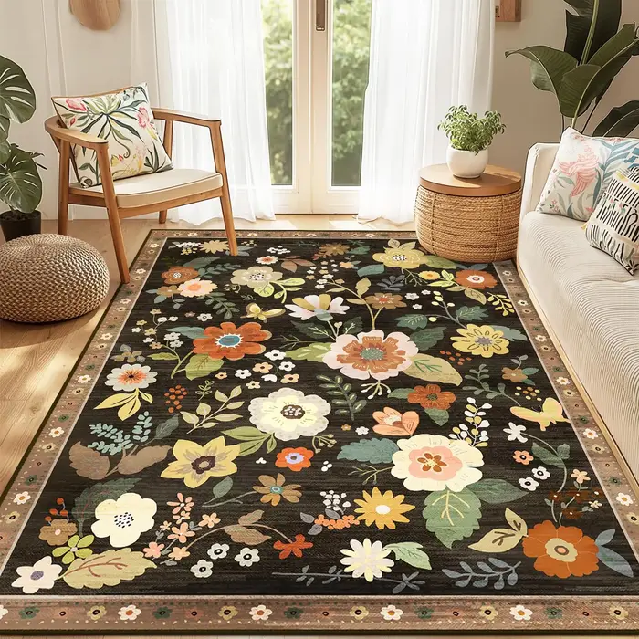 Tapis d'intérieur bohème rose à motifs floraux