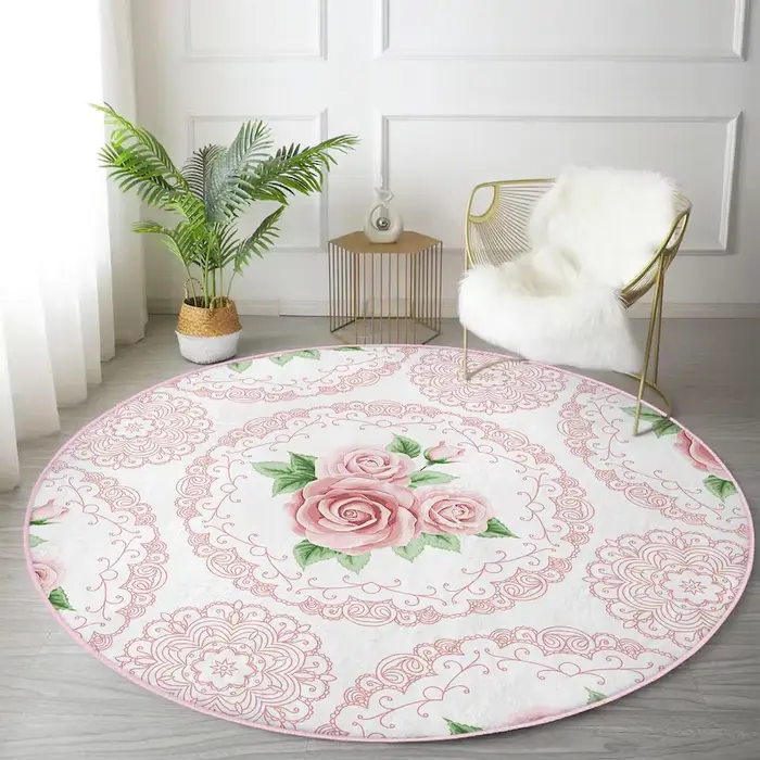 Tapis rond motif rose rouge