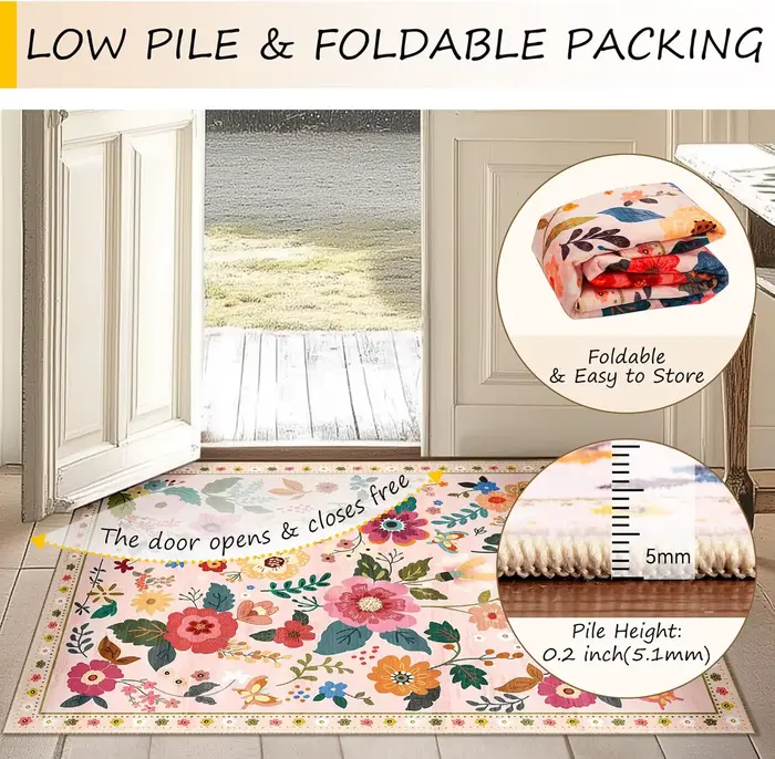 Tapis d'intérieur bohème rose à motifs floraux