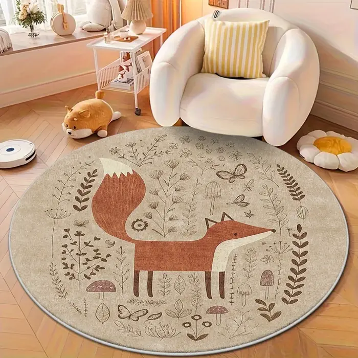 Tapis rond rustique en polyester doux motif renard des bois, tapis de sol bohème pour chambre d'enfant, tapis décoratif style forêt bohème