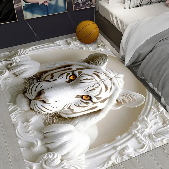 Tapis antidérapant 3D avec motif de tigre blanc en relief pour salon, chambre, entrée, cuisine, chambre d'enfant, salle de jeux, décoration de la maison