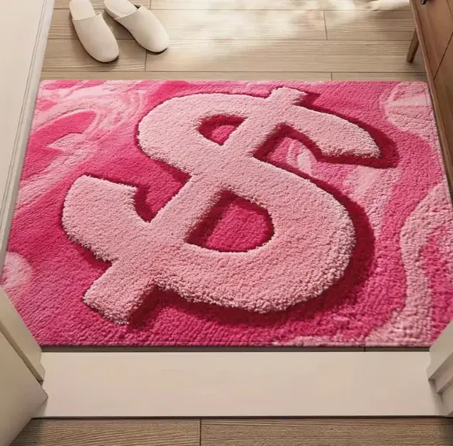 Tapis décoratif rose avec signe dollar, antidérapant et absorbant, idéal pour les entrées de chambre et de salon, design rose vif