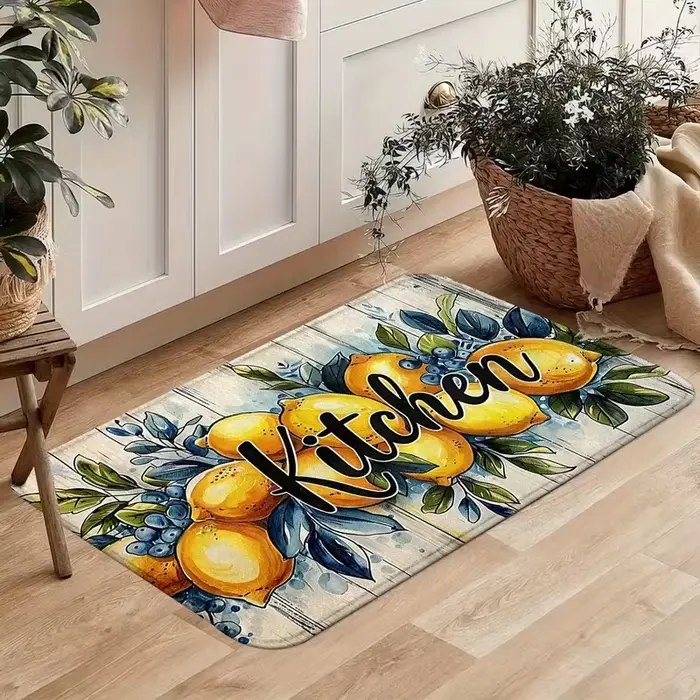 Tapis de cuisine antidérapant au motif citron méditerranéen, jaune, bleu, fleurs, lavable, décoratif