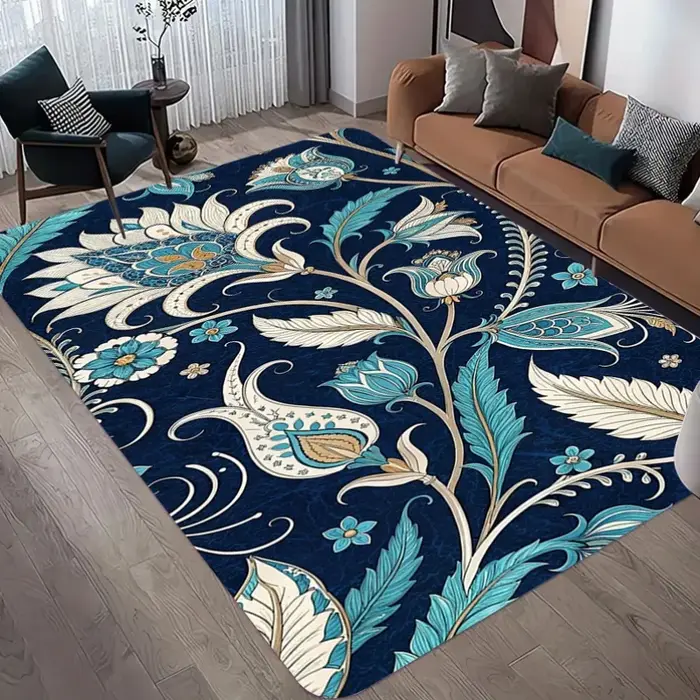 Tapis d'intérieur bleu foncé vintage à imprimé floral ethnique Paisley