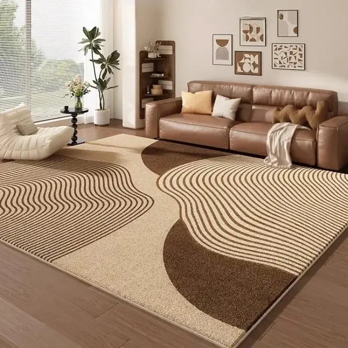 Tapis de sol grand format pour salon et chambre, beige et marron, motif abstrait lignes ondulées, im