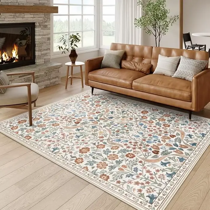 Tapis Floral tapis Beige vert motif de vigne avec motif de fleur colorée tapis de sol doux pour salon décoration de la maison tapis