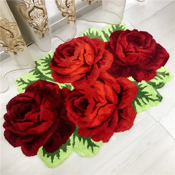 Tapis à fleurs touffeté en peluche douce, motif rose, pour chambre, salon, porte, salle de bain, ble
