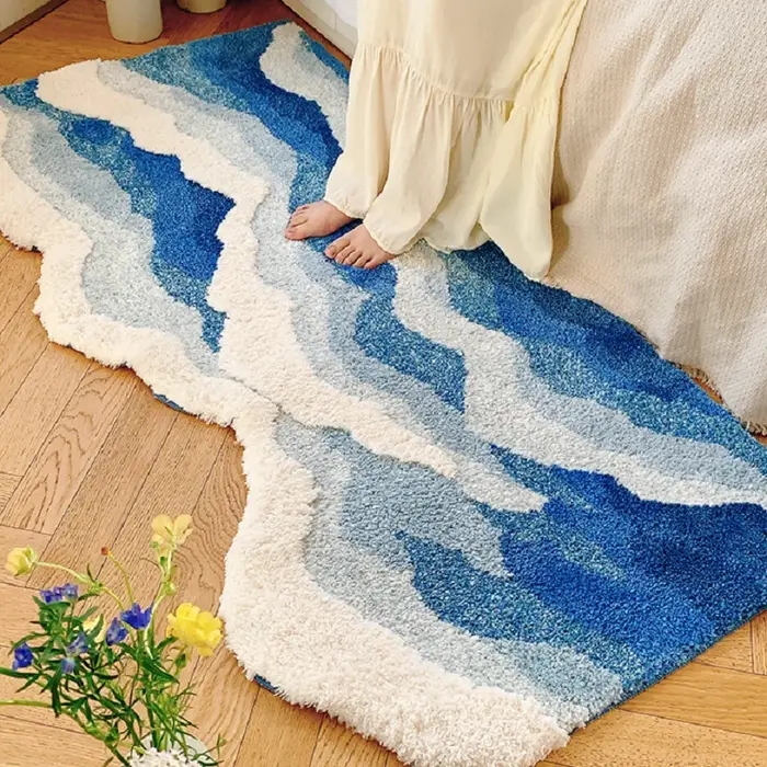 Tapis de sol antidérapant à motif de mer bleue, style japonais drôle, tapis de maison esthétique, ta