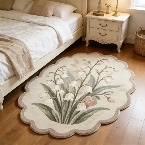 Tapis en peluche de style français pour la décoration de chambre à coucher, tapis à motif floral pou