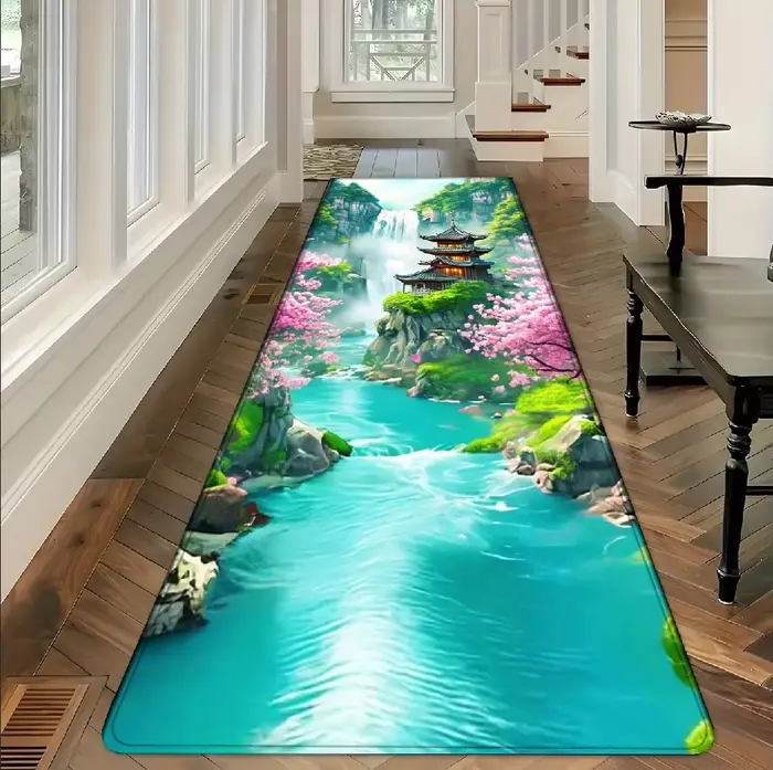 Tapis de couloir VIKAMA 3D avec cascade de jardin japonais, antidérapant, pour couloir, entrée, déco