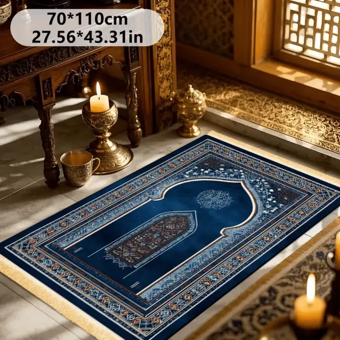 Tapis de prière islamique géométrique bleu marine en polyester