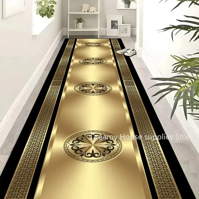 Tapis de couloir long doré luxueux, décoration européenne, tapis de couloir antidérapant, tapis d'es