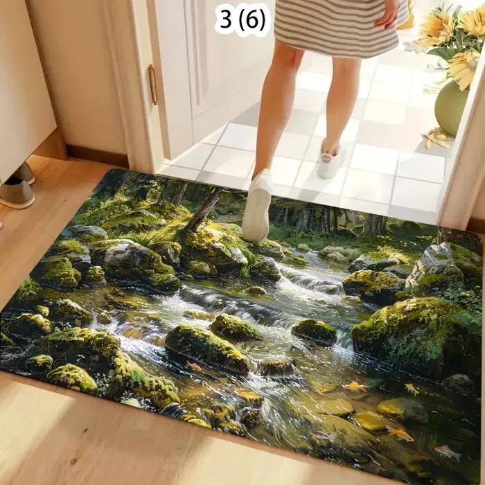 Tapis de sol antidérapant motif forêt et mousse pour entrée, salle de bain, cuisine, décoration inté