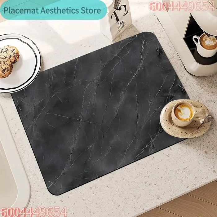 Housse anti-poussière pour machine à laver et tapis de séchage pour vaisselle - Motif marbre noir et blanc