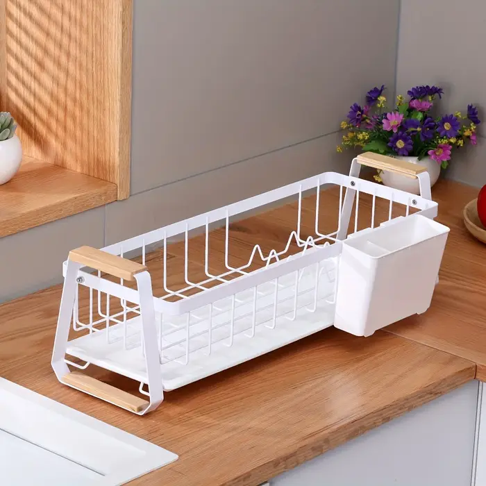 Égouttoir à vaisselle étroit pour comptoir de cuisine avec bac de récupération des eaux et porte-couverts amovible