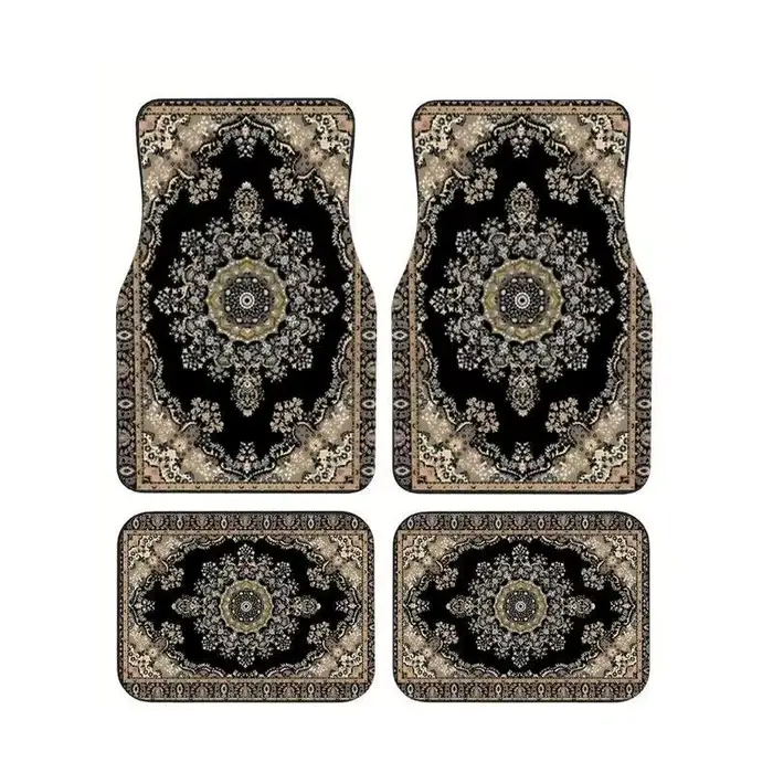 Tapis de sol de voiture style persan noir beige, 4 pièces, motif rétro, tapis antidérapants pour aut