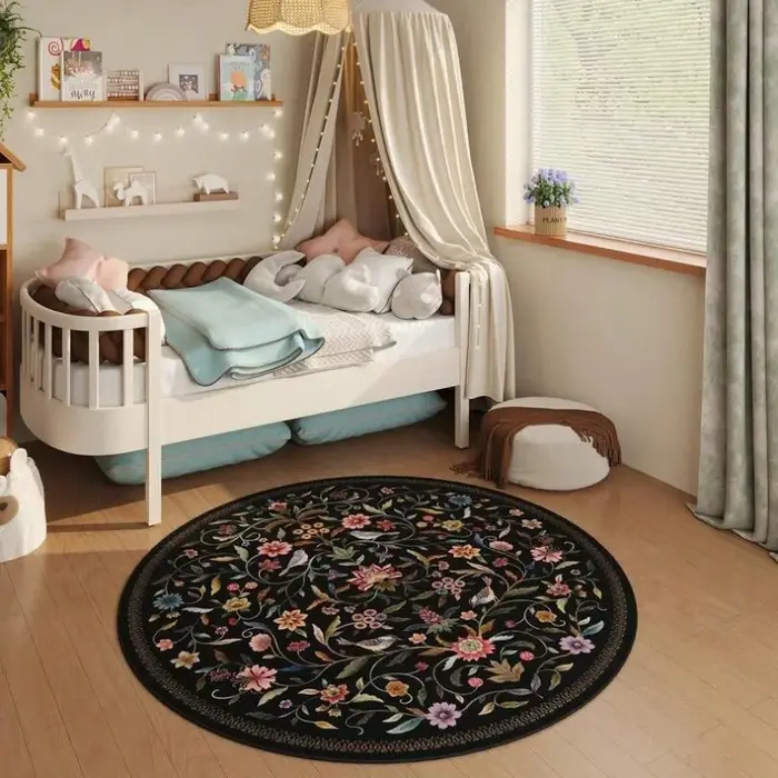 Tapis rond beige clair à motif floral Pastel Branch
