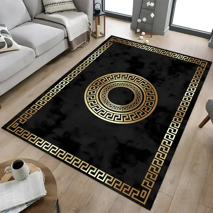 Tapis à Motif grec noir et doré, tapis de sol antidérapant à motif de marbre, adapté au salon, une chambre à coucher ou une décoration de la maison