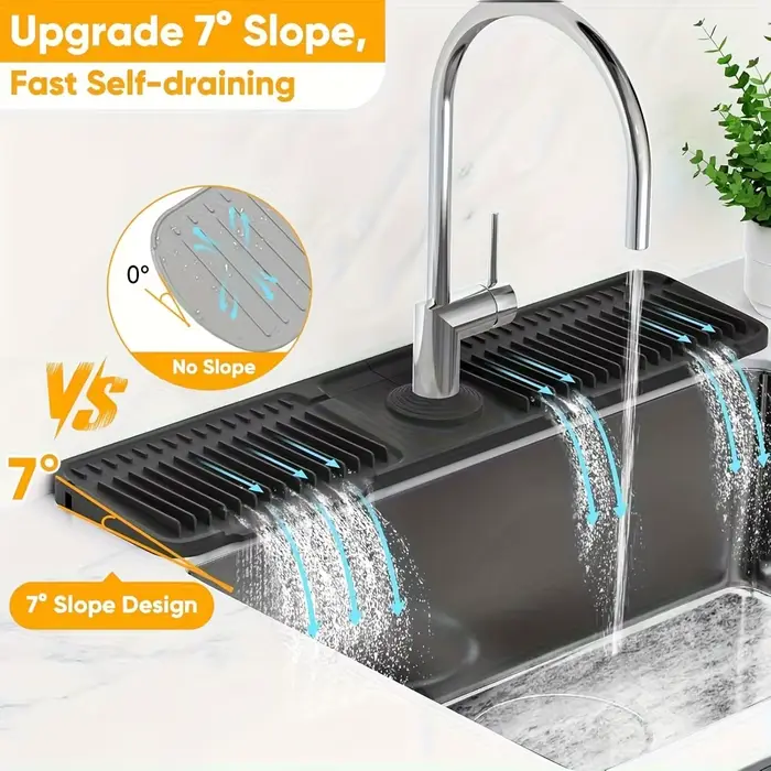Évier de cuisine anti-éclaboussures avec 7 ° Conception de pente | Tapis de robinet à vidange rapide