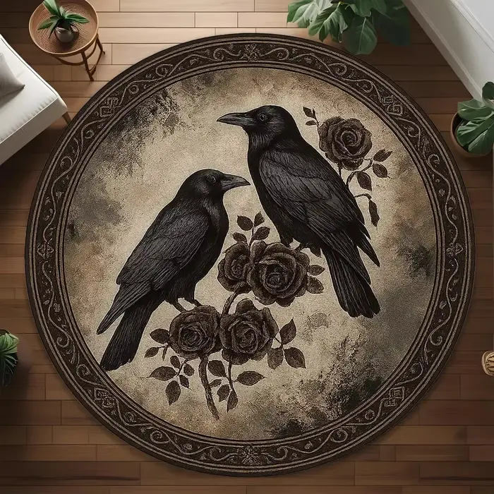Tapis rond vintage avec motifs de corbeaux et de roses