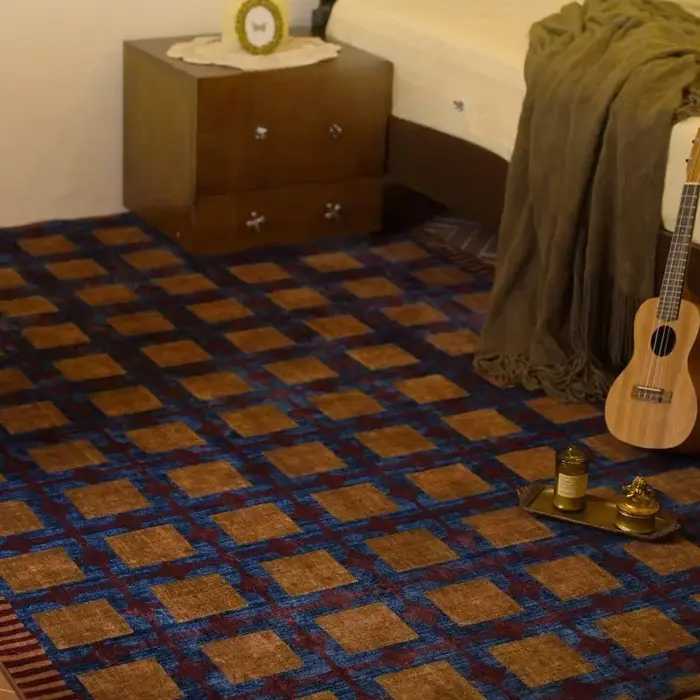 Tapis de salon vintage marron à carreaux imprimés