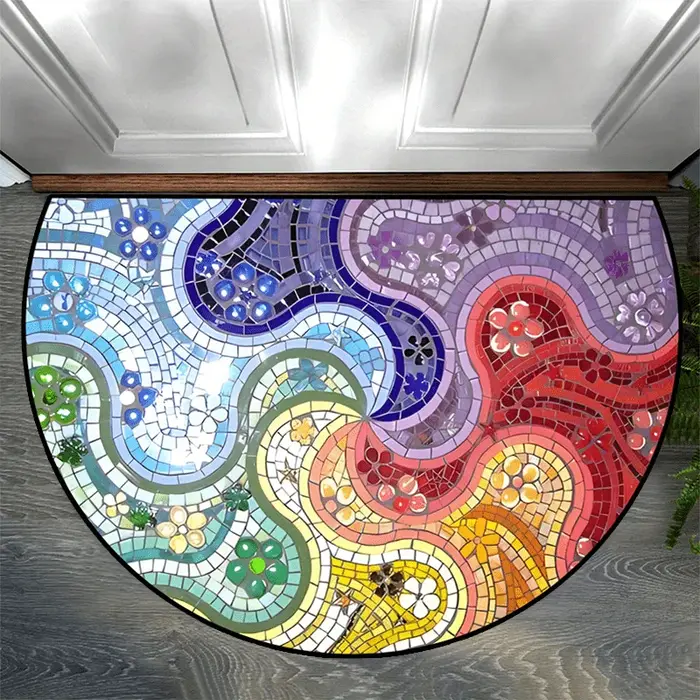 Tapis d'entrée semi-rond à motifs de carreaux vibrants