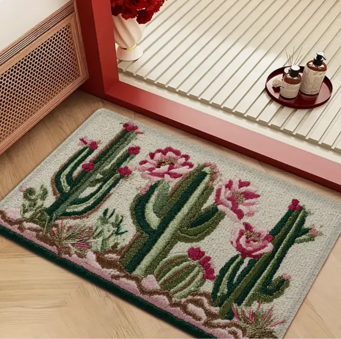 Paillasson brodé de fleurs de cactus - Tapis vert floral à motif