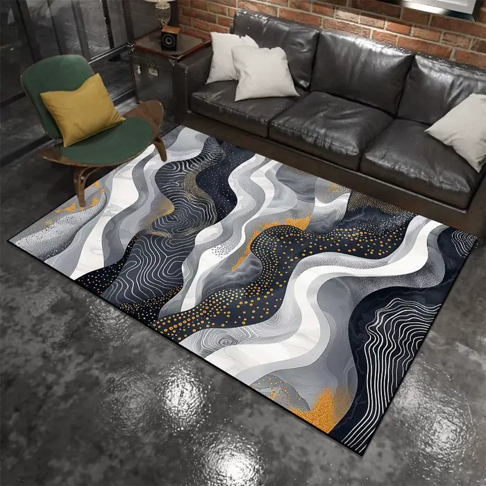 Tapis abstrait moderne de luxe bleu sarcelle avec veines de marbre doré pour salon et chambre à coucher
