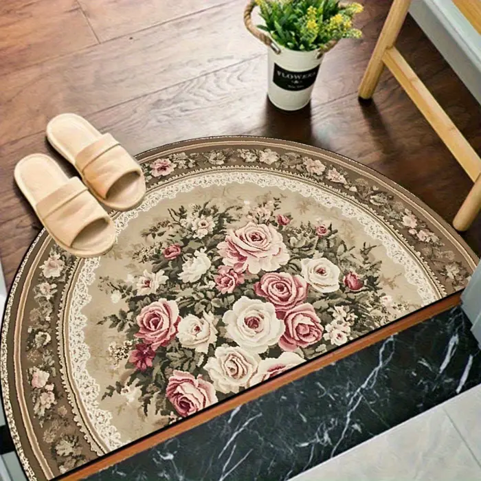 VIKAMA Tapis demi-rond vintage à motif floral, tapis moelleux antidérapant pour chambre à coucher, t