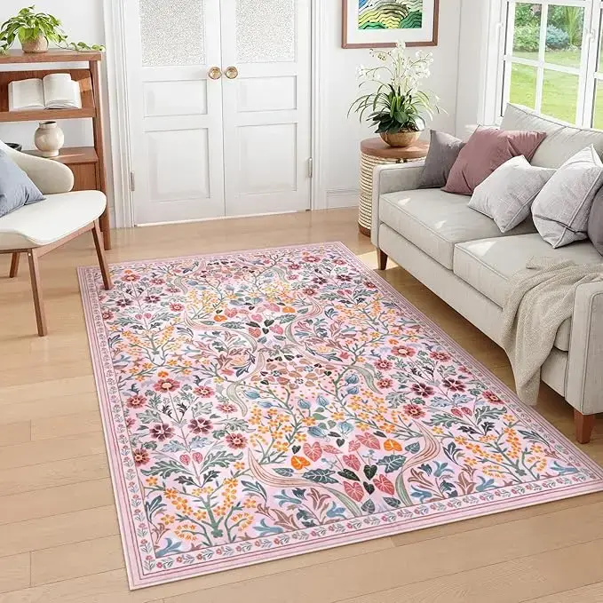 Tapis Floral tapis Beige vert motif de vigne avec motif de fleur colorée tapis de sol doux pour salon décoration de la maison tapis
